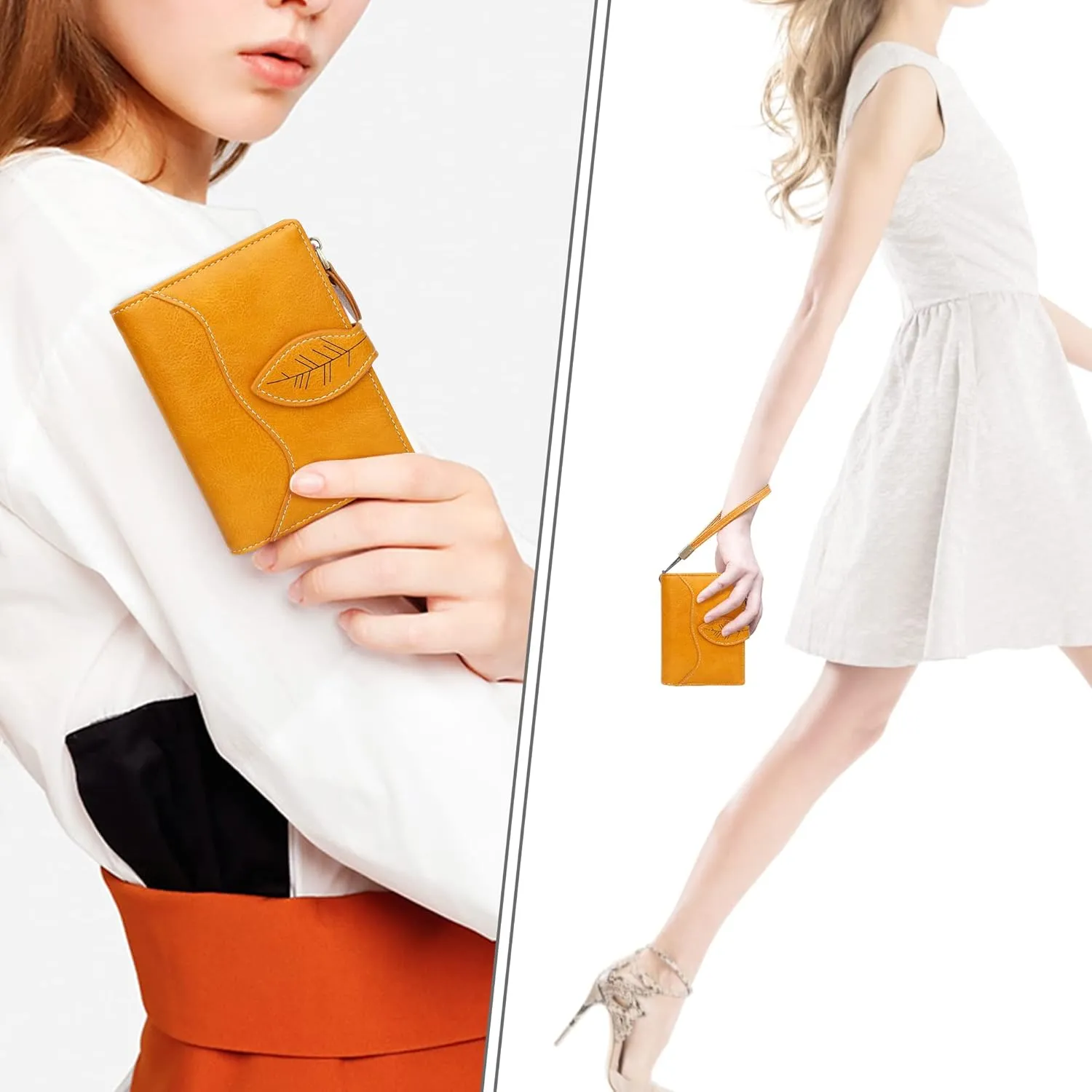 CONISY Small Wallet for Women, Compact Bifold Leather Wallet with Wristlet RFID Blocking Womens Wallet (Yellow)