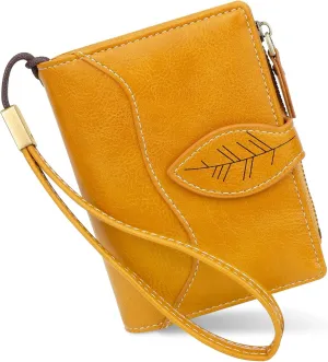 CONISY Small Wallet for Women, Compact Bifold Leather Wallet with Wristlet RFID Blocking Womens Wallet (Yellow)