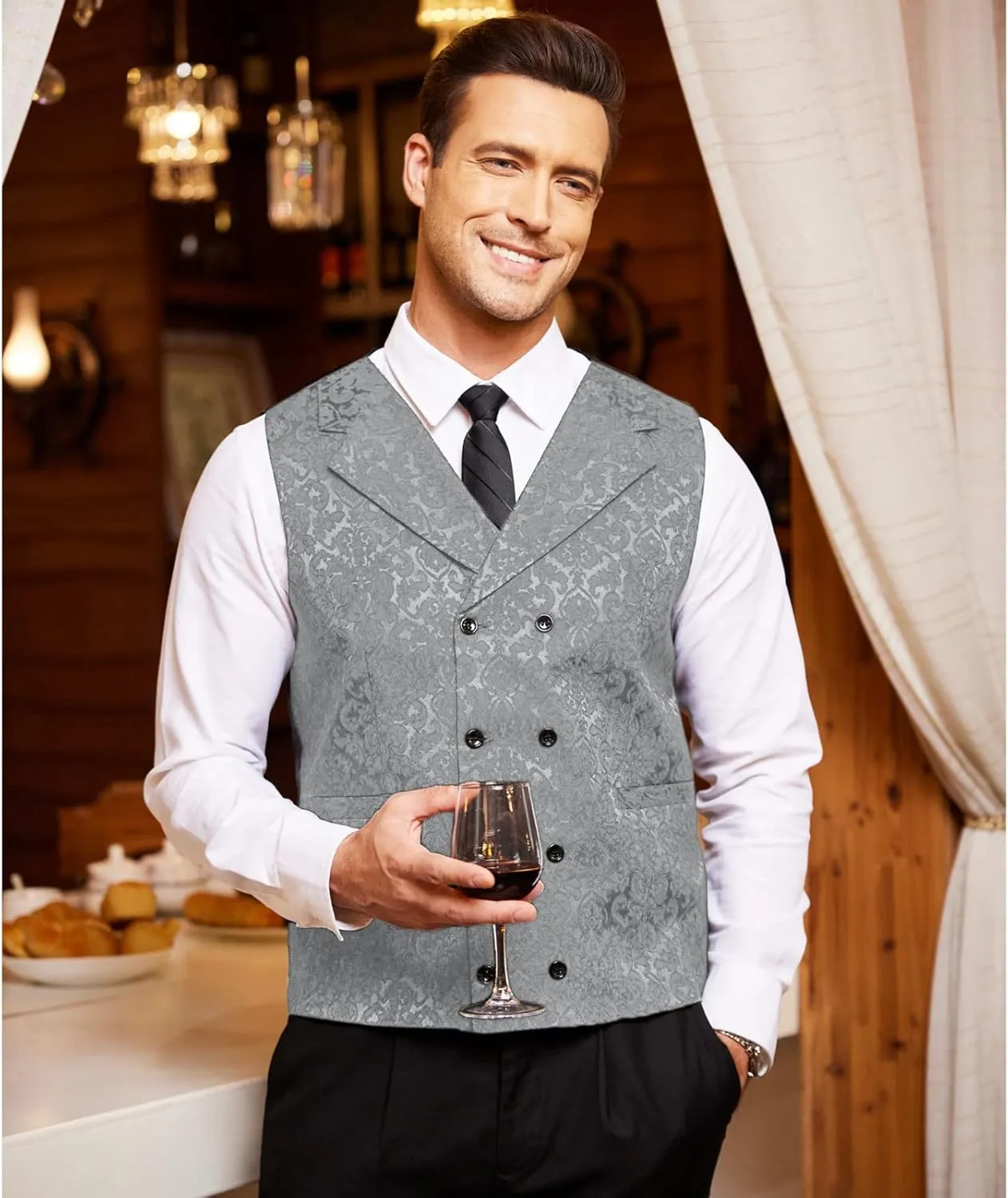 COOFANDY Mens Victorian Vest Steampunk Double Breasted Suit Vest Slim Fit Brocade Paisley Floral Waistcoat