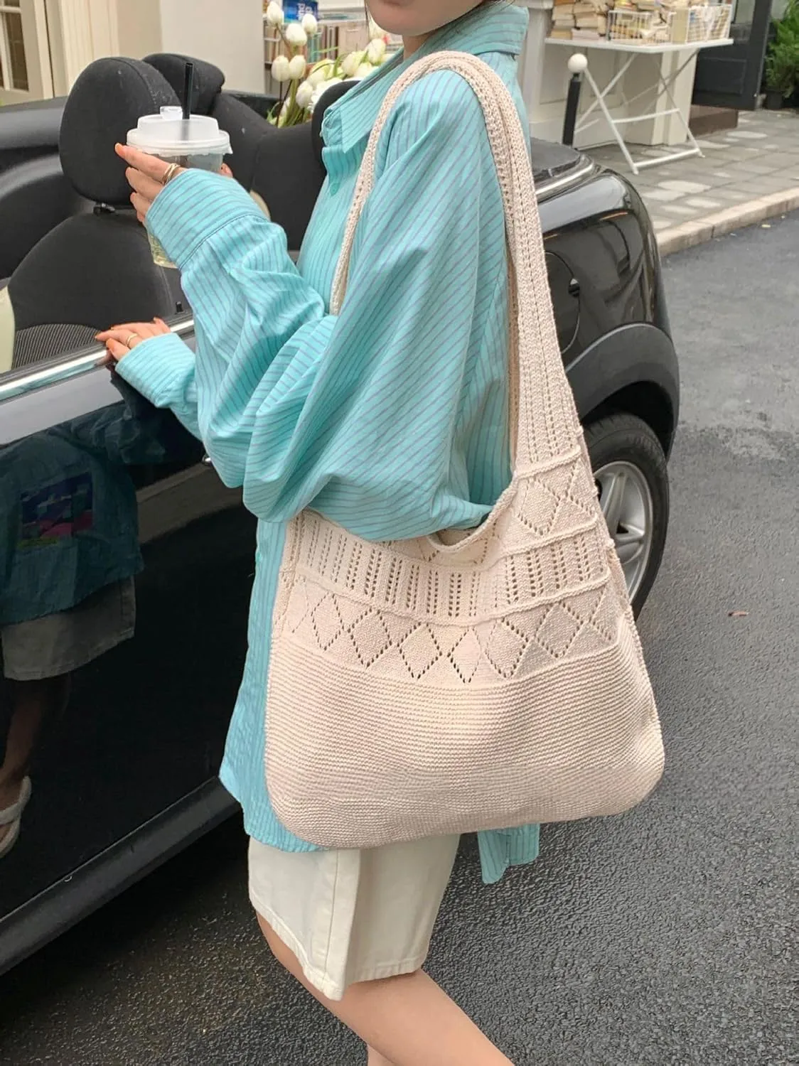 Crochet Bag for Women Mesh Beach Tote Bag Summer Aesthetic Knitted Bag Stylish Shoulder Bag (Red)