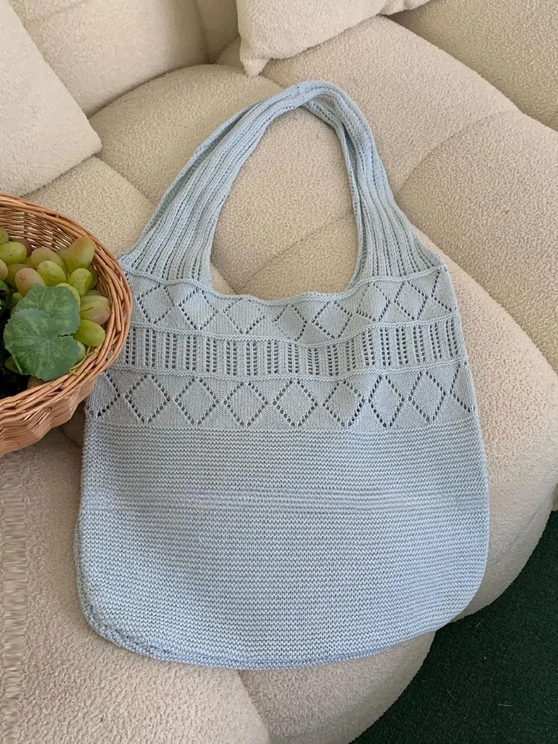 Crochet Bag for Women Mesh Beach Tote Bag Summer Aesthetic Knitted Bag Stylish Shoulder Bag (Red)