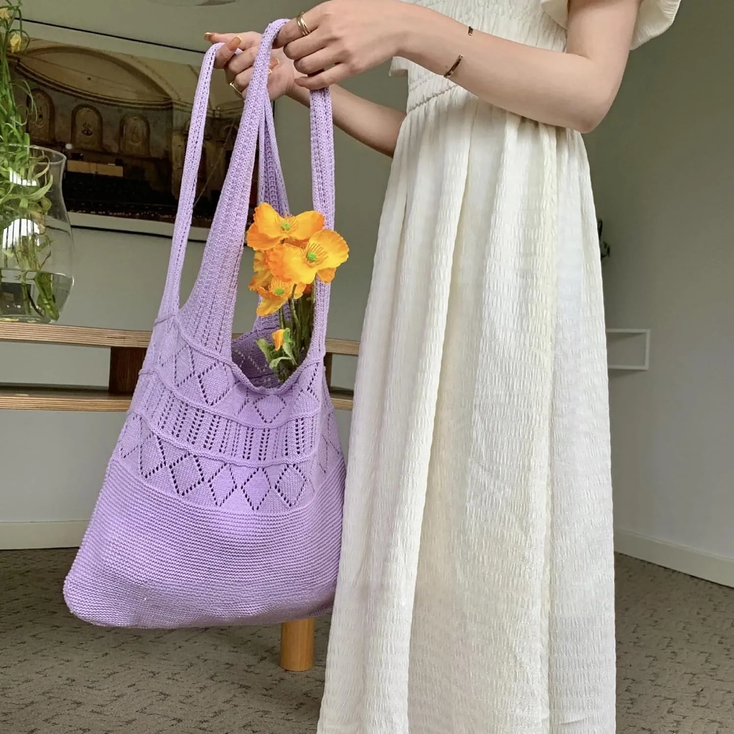 Crochet Bag for Women Mesh Beach Tote Bag Summer Aesthetic Knitted Bag Stylish Shoulder Bag (Red)