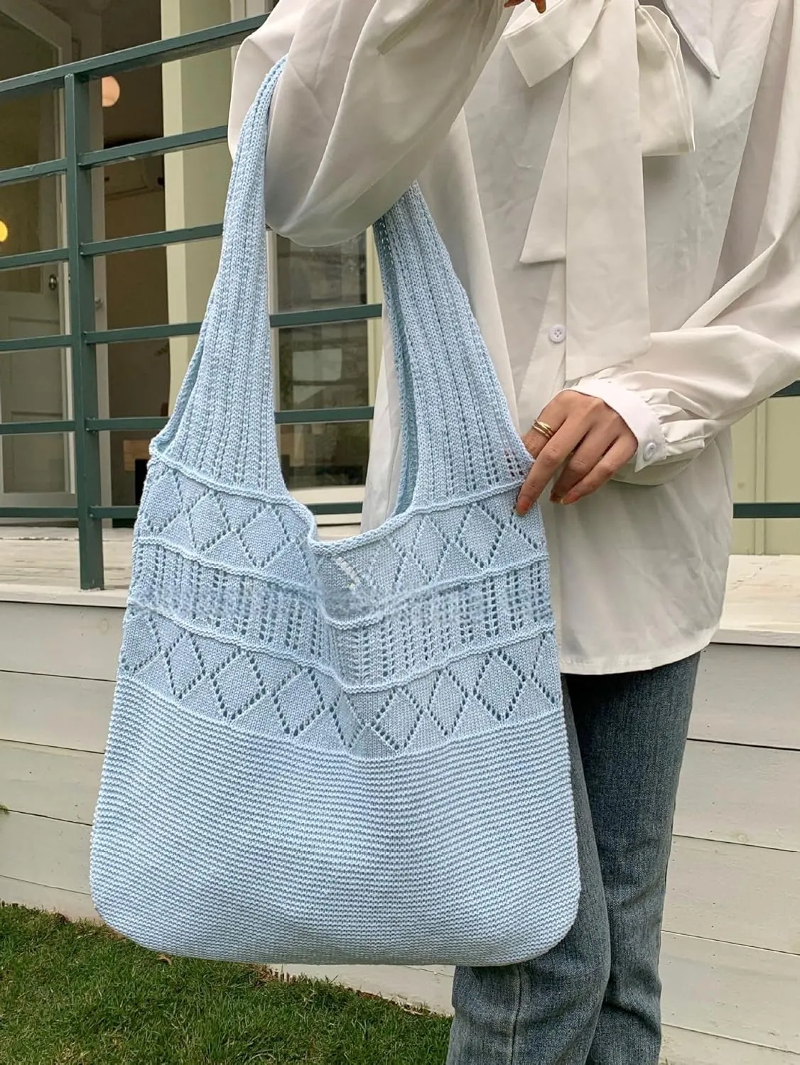 Crochet Bag for Women Mesh Beach Tote Bag Summer Aesthetic Knitted Bag Stylish Shoulder Bag (Red)