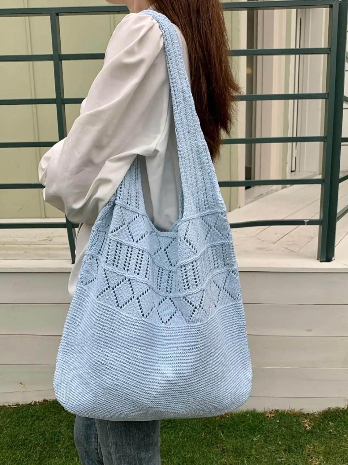 Crochet Bag for Women Mesh Beach Tote Bag Summer Aesthetic Knitted Bag Stylish Shoulder Bag (Red)