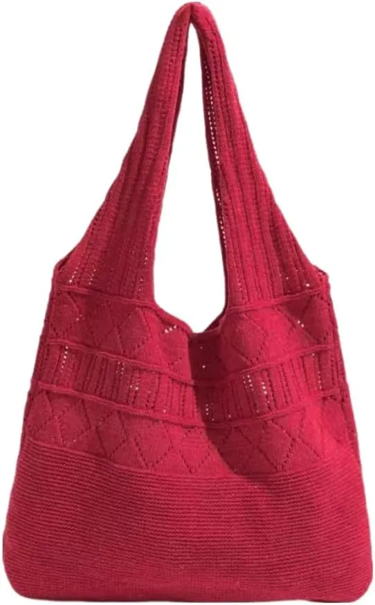 Crochet Bag for Women Mesh Beach Tote Bag Summer Aesthetic Knitted Bag Stylish Shoulder Bag (Red)