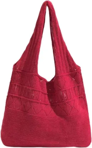 Crochet Bag for Women Mesh Beach Tote Bag Summer Aesthetic Knitted Bag Stylish Shoulder Bag (Red)
