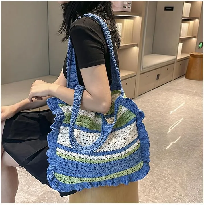 Crochet Bag for Women Stylish Shoulder Bag Knitted Purse Trendy Handbag for Travel Shopping Work (A01-Black)