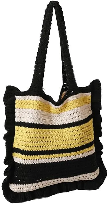 Crochet Bag for Women Stylish Shoulder Bag Knitted Purse Trendy Handbag for Travel Shopping Work (A01-Black)