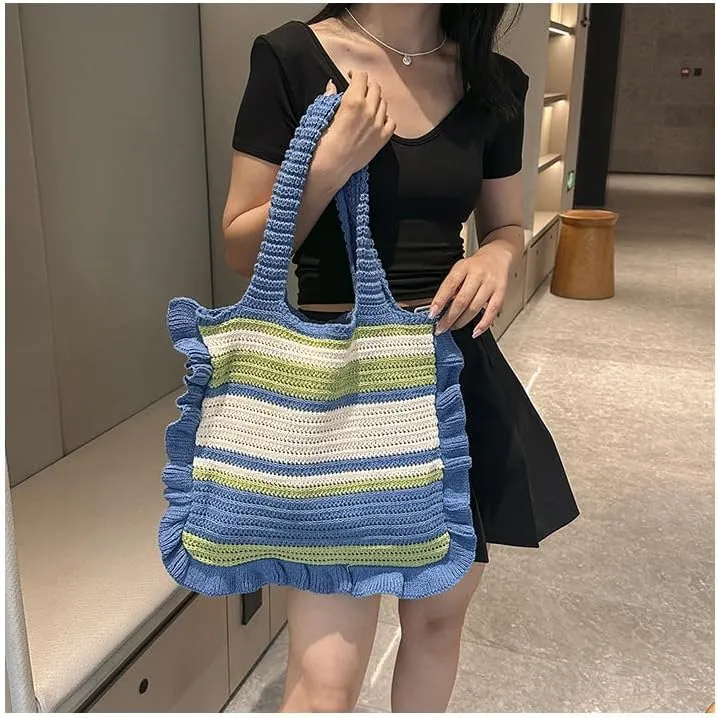 Crochet Bag for Women Stylish Shoulder Bag Knitted Purse Trendy Handbag for Travel Shopping Work (A01-Black)