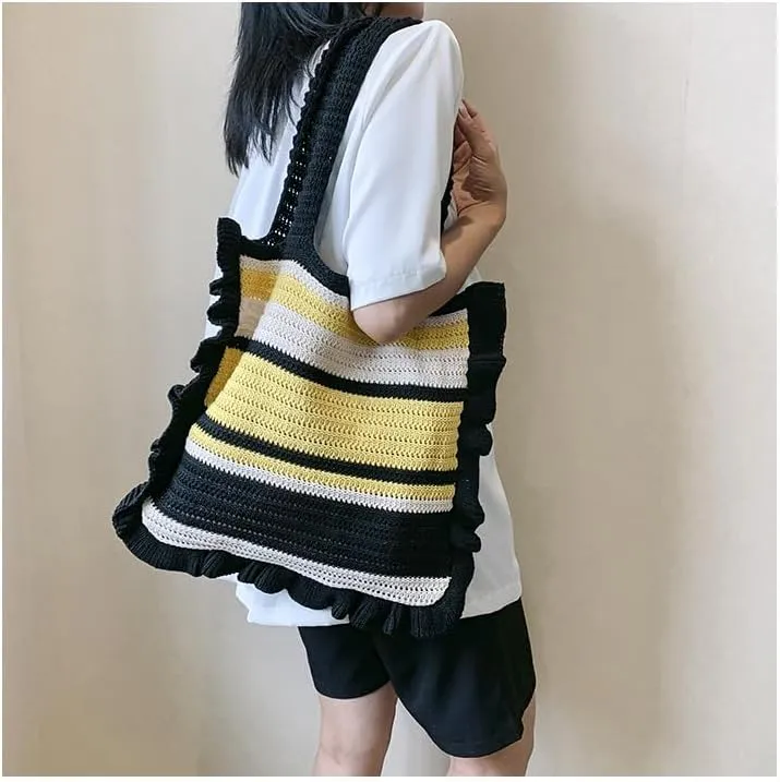 Crochet Bag for Women Stylish Shoulder Bag Knitted Purse Trendy Handbag for Travel Shopping Work (A01-Black)