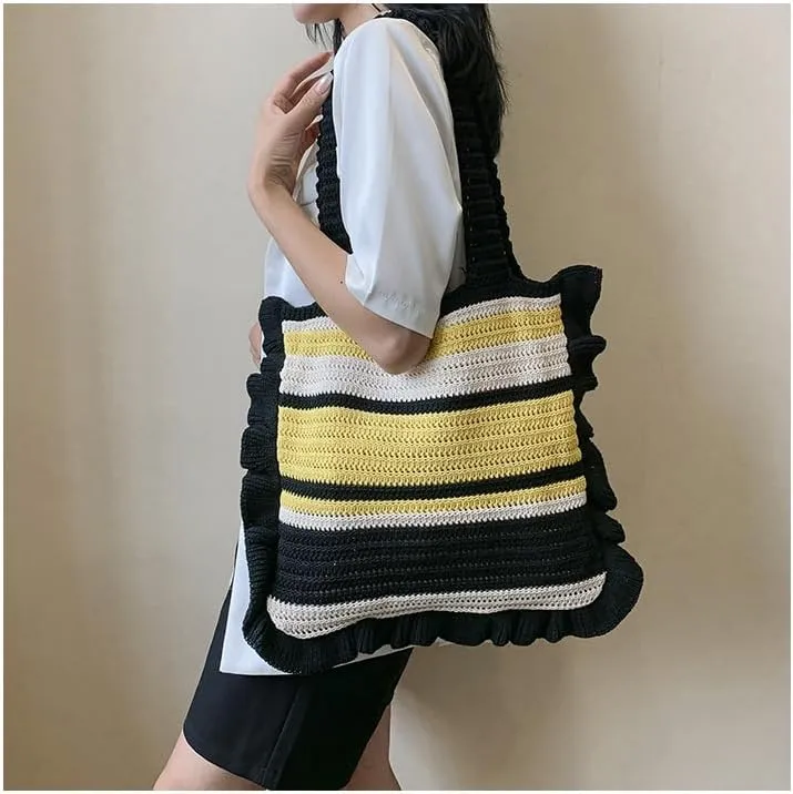 Crochet Bag for Women Stylish Shoulder Bag Knitted Purse Trendy Handbag for Travel Shopping Work (A01-Black)