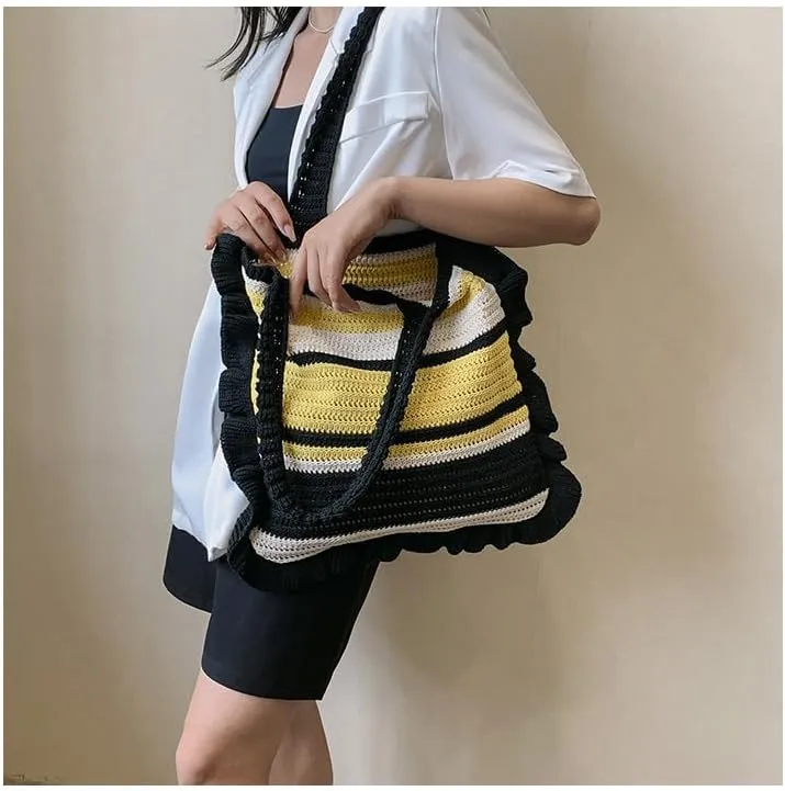 Crochet Bag for Women Stylish Shoulder Bag Knitted Purse Trendy Handbag for Travel Shopping Work (A01-Black)
