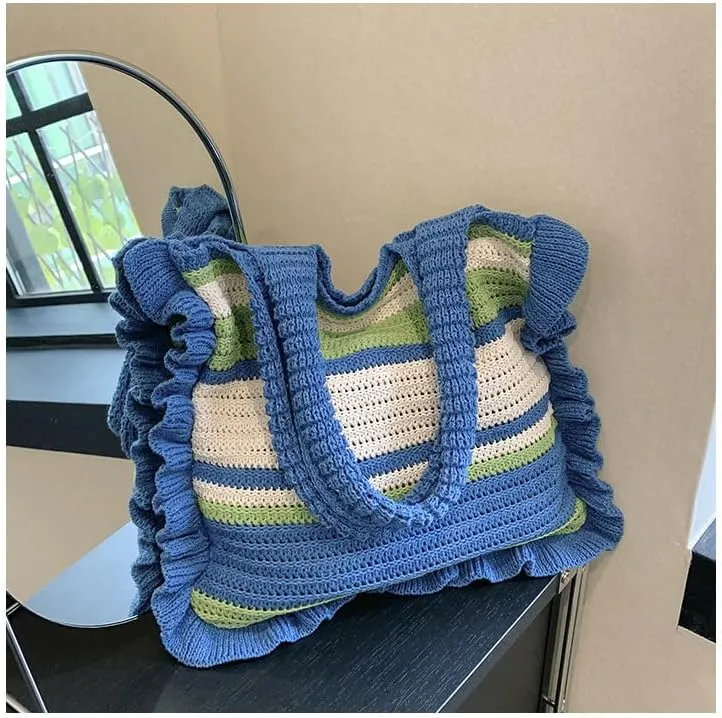 Crochet Bag for Women Stylish Shoulder Bag Knitted Purse Trendy Handbag for Travel Shopping Work (A01-Black)