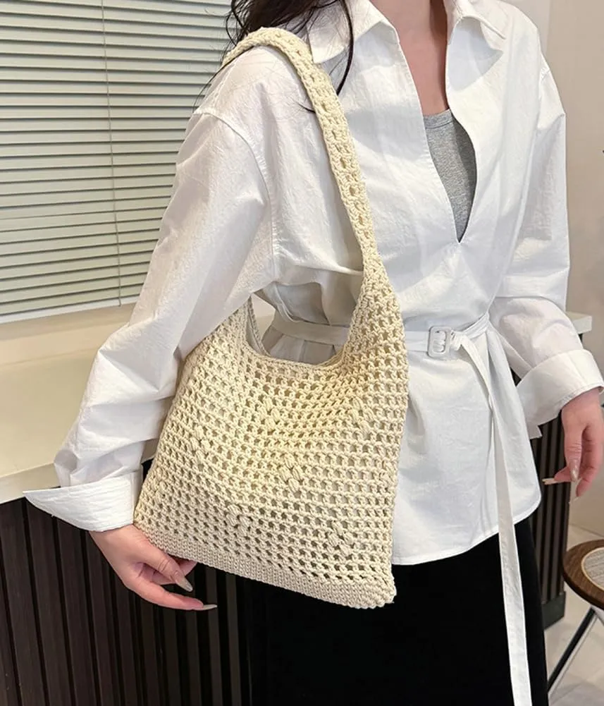 Crochet Beach Bag Women 2025 Summer Knit Hollow Hobo Bag Stylish Tote Handbags for Beach Travel Everyday Use