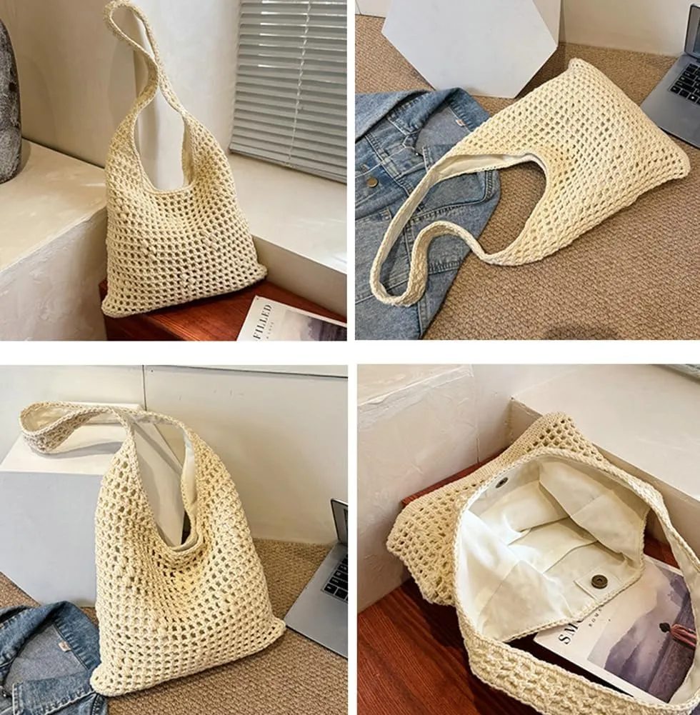 Crochet Beach Bag Women 2025 Summer Knit Hollow Hobo Bag Stylish Tote Handbags for Beach Travel Everyday Use