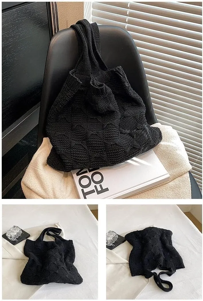 Crochet Tote Bag for Women Stylish Knitted Shoulder Bag Trendy Handbag Purse for Work Shopping Travel (A01-White)