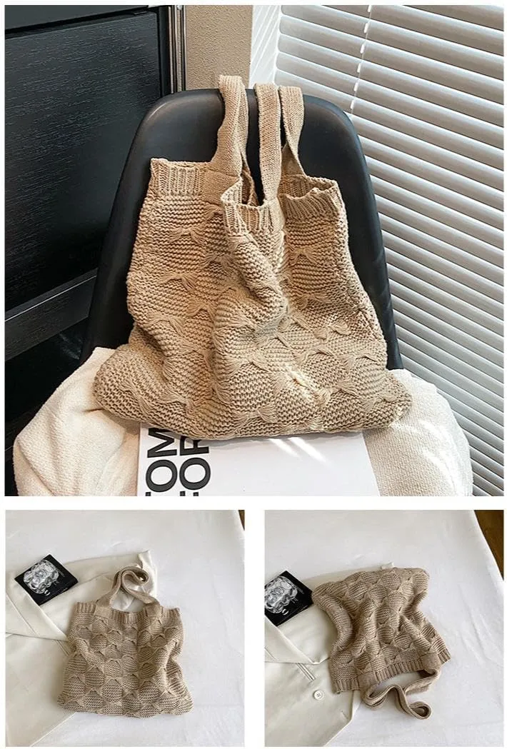 Crochet Tote Bag for Women Stylish Knitted Shoulder Bag Trendy Handbag Purse for Work Shopping Travel (A01-White)