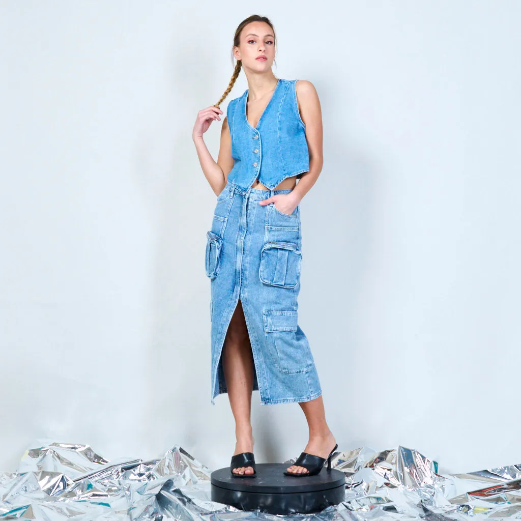 Cropped sleeveless denim vest wholesale