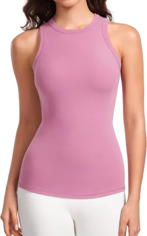 CRZ YOGA High Crewneck Racerback Tank Tops for Womens Stretchy Fitted Workout Casual Sleeveless Tight Shirts