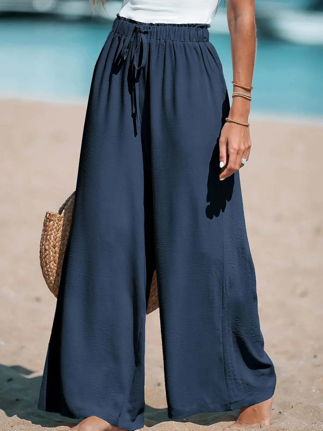 CUPSHE Women Wide Leg Pants High Waisted Trousers Linen Palazzo Lounge Beach Cover Ups Flowy Pants