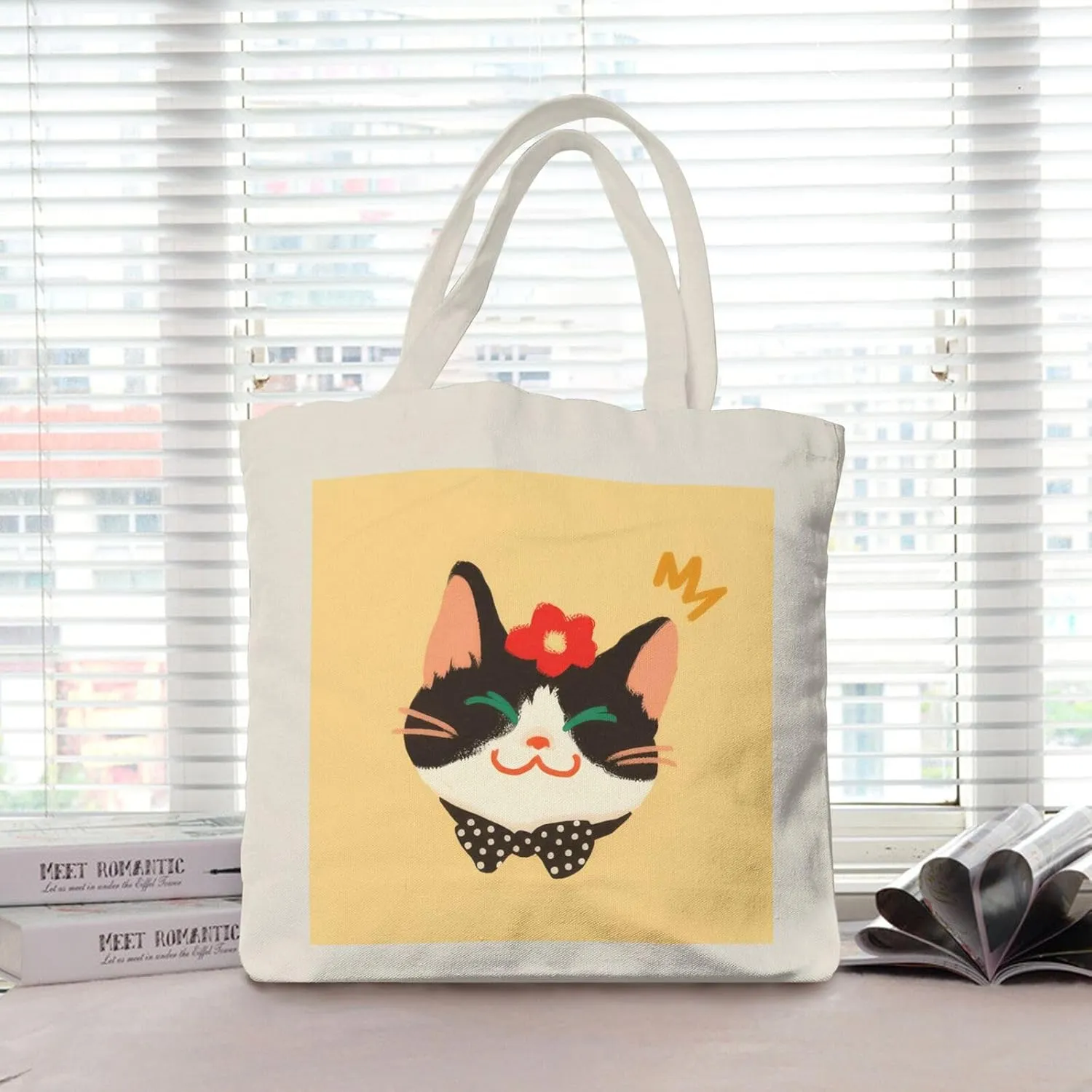 Cute Canvas Tote Bag for Women, Cat Head Print, Stylish and Durable, Perfect for Shopping, Travel & Everyday Use
