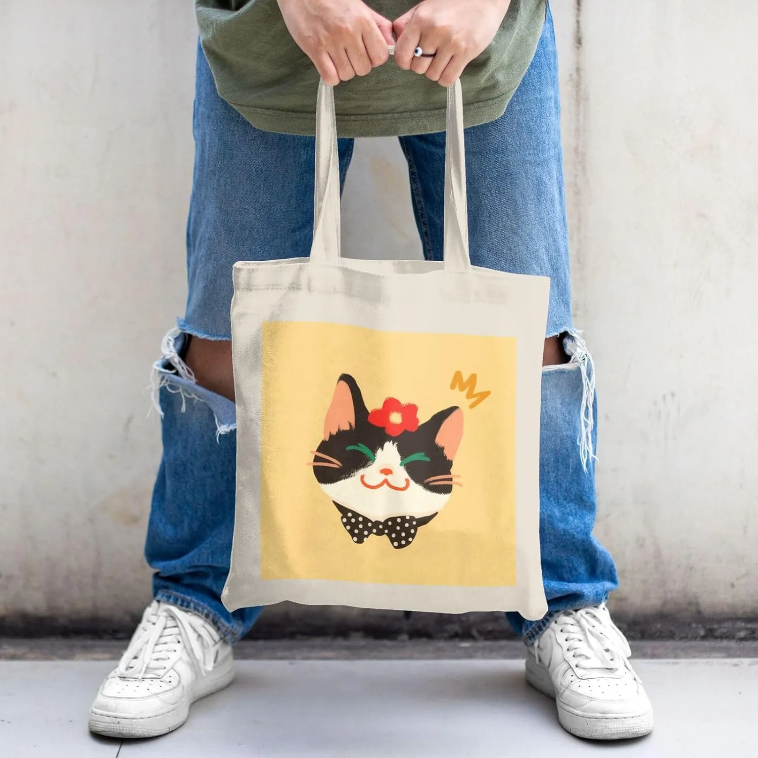 Cute Canvas Tote Bag for Women, Cat Head Print, Stylish and Durable, Perfect for Shopping, Travel & Everyday Use