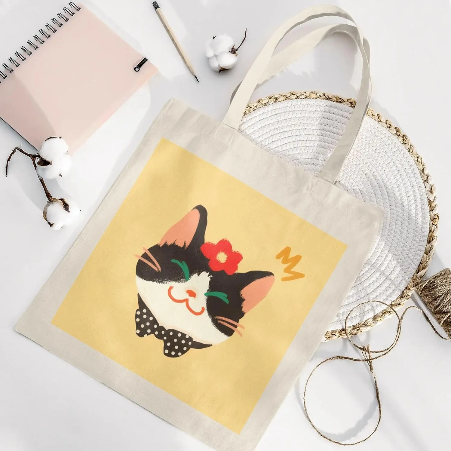 Cute Canvas Tote Bag for Women, Cat Head Print, Stylish and Durable, Perfect for Shopping, Travel & Everyday Use
