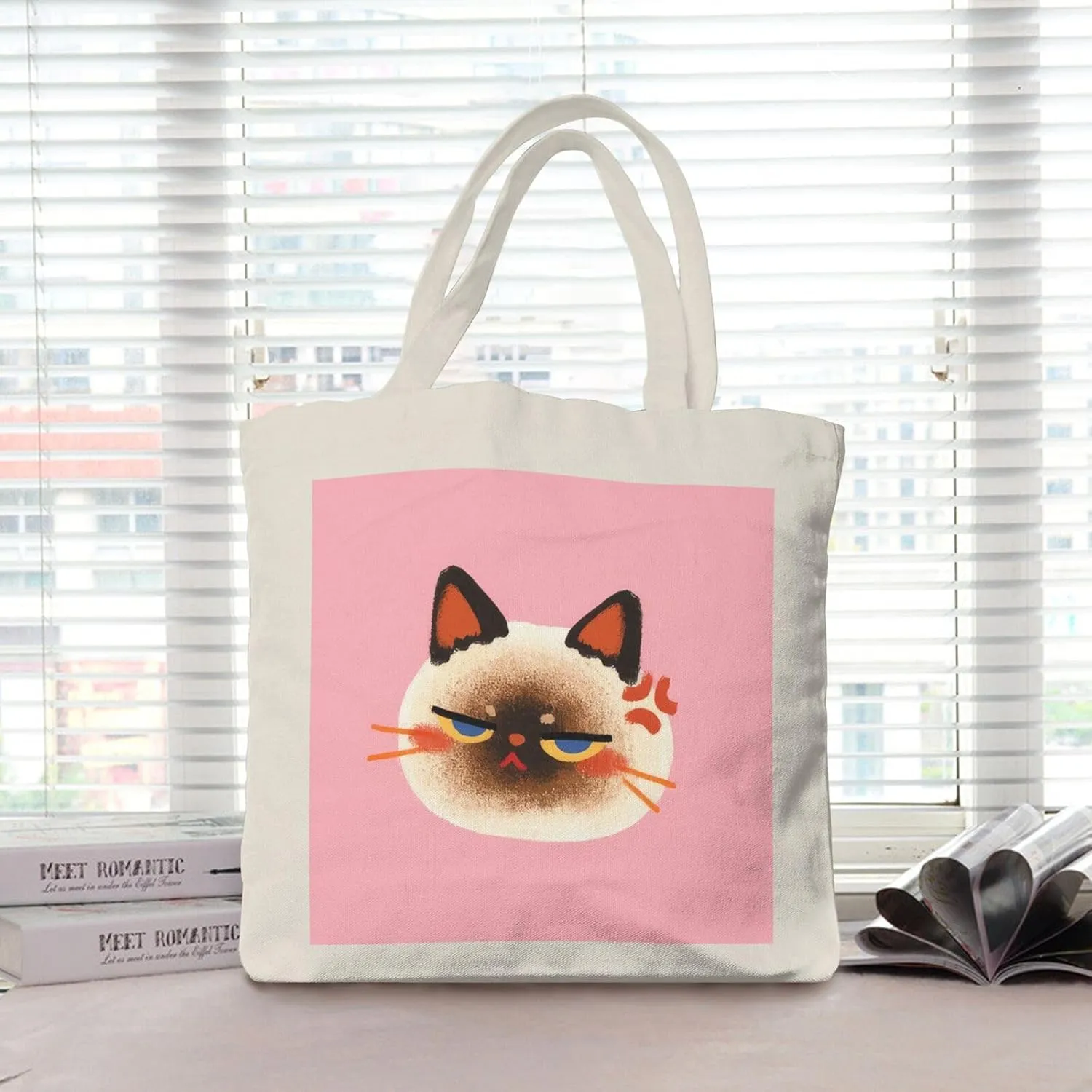 Cute Canvas Tote Bag for Women, Cat Head Print, Stylish and Durable, Perfect for Shopping, Travel & Everyday Use