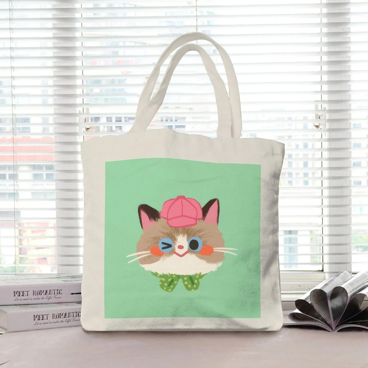 Cute Canvas Tote Bag for Women, Cat Head Print, Stylish and Durable, Perfect for Shopping, Travel & Everyday Use