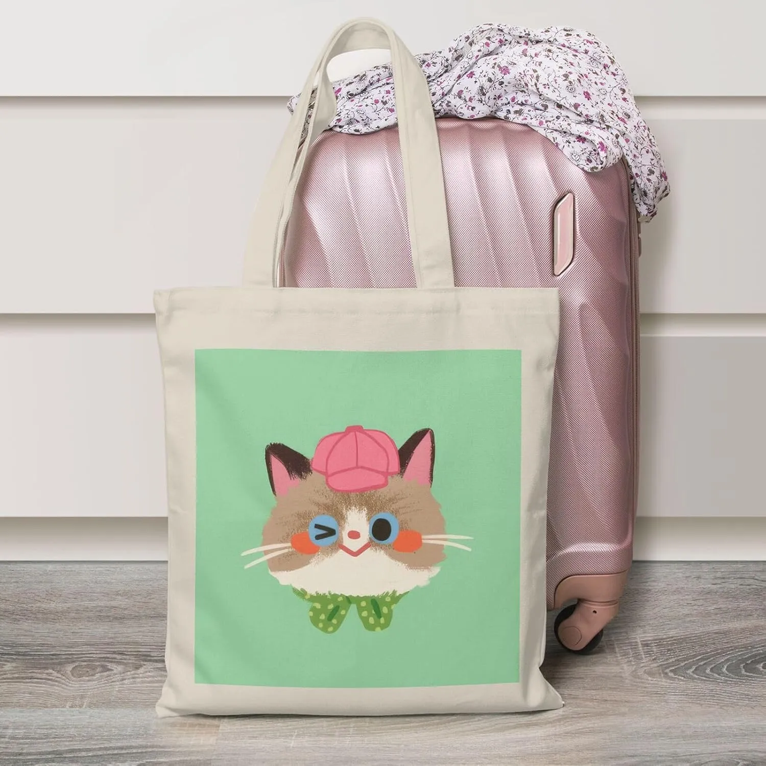 Cute Canvas Tote Bag for Women, Cat Head Print, Stylish and Durable, Perfect for Shopping, Travel & Everyday Use
