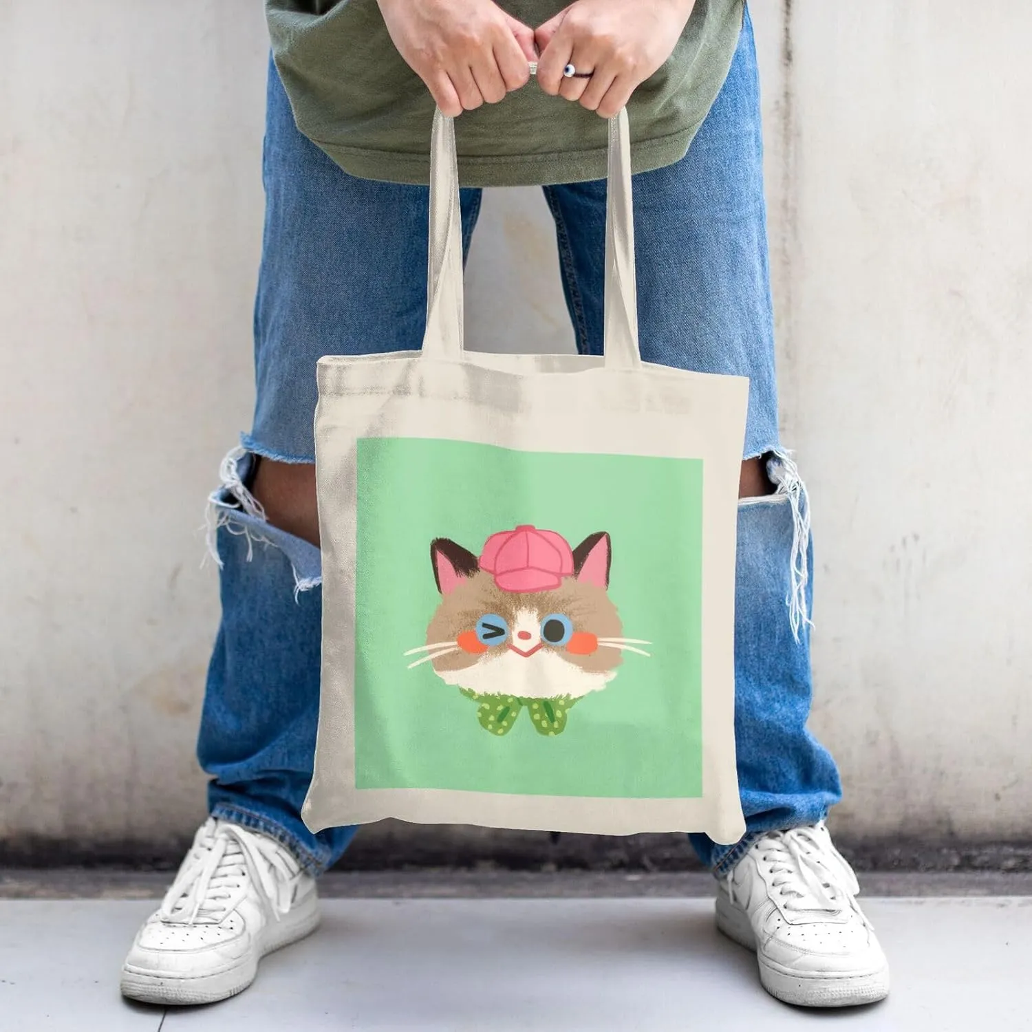 Cute Canvas Tote Bag for Women, Cat Head Print, Stylish and Durable, Perfect for Shopping, Travel & Everyday Use