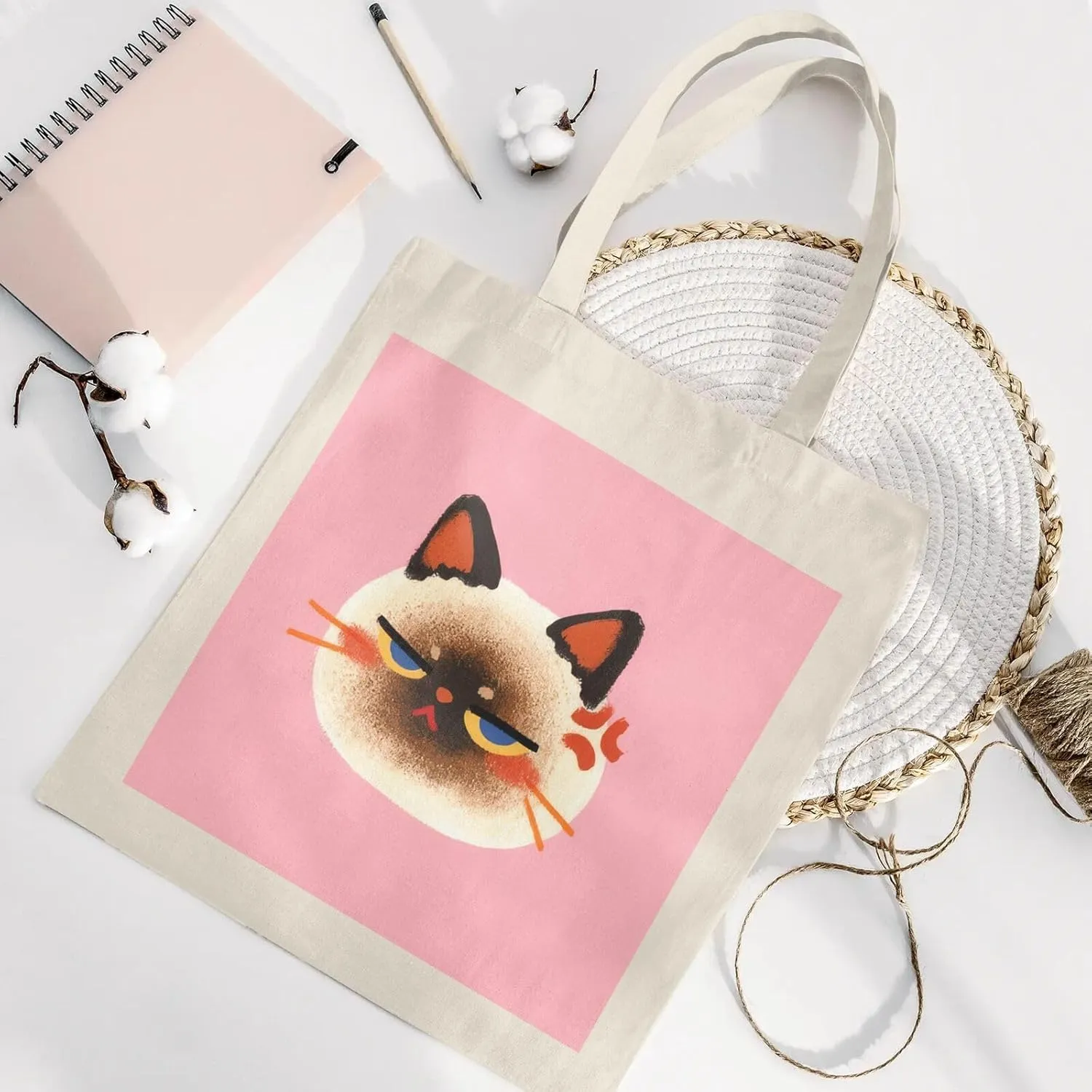Cute Canvas Tote Bag for Women, Cat Head Print, Stylish and Durable, Perfect for Shopping, Travel & Everyday Use
