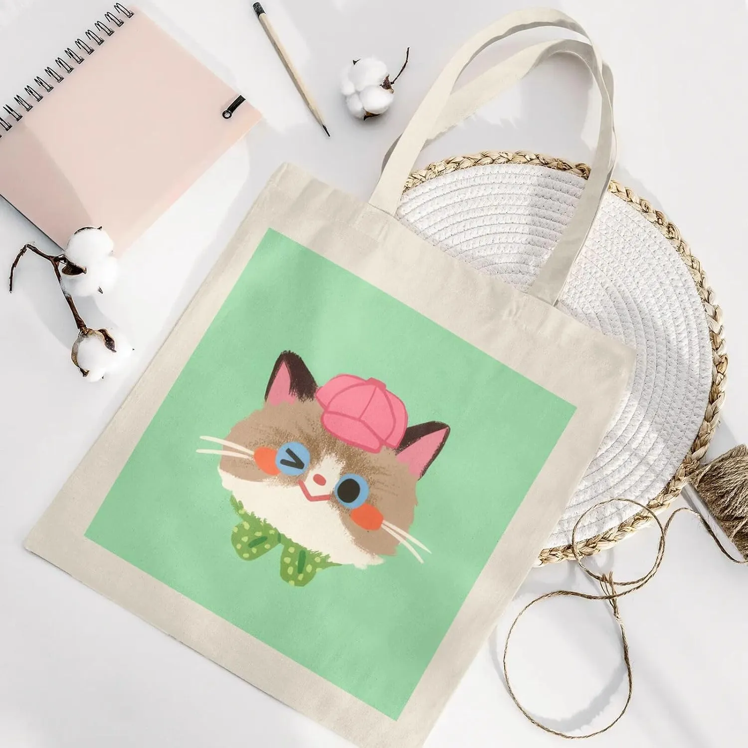 Cute Canvas Tote Bag for Women, Cat Head Print, Stylish and Durable, Perfect for Shopping, Travel & Everyday Use