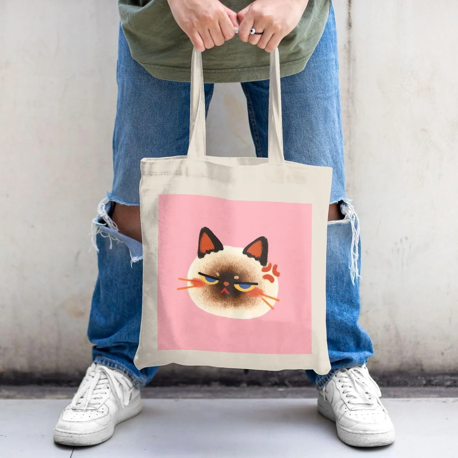 Cute Canvas Tote Bag for Women, Cat Head Print, Stylish and Durable, Perfect for Shopping, Travel & Everyday Use