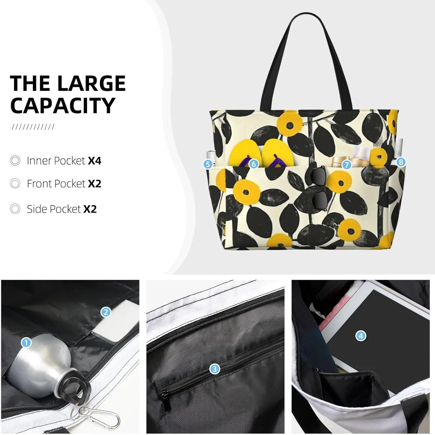 Cute Travel Pool Beach Bags for Women-Stylish Large Gym Grocery Tote Towel Bag Reusable Handbags,7 Pockets, Zipper