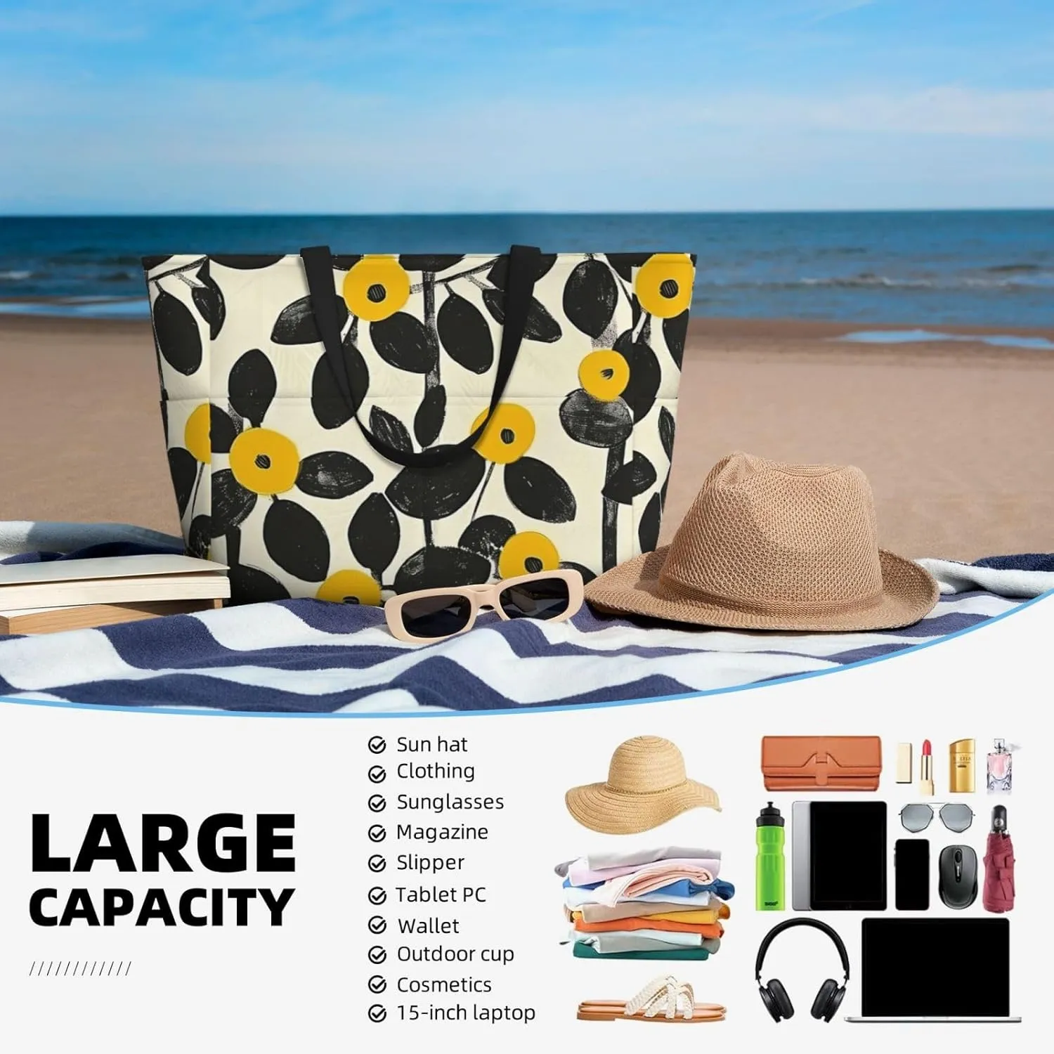 Cute Travel Pool Beach Bags for Women-Stylish Large Gym Grocery Tote Towel Bag Reusable Handbags,7 Pockets, Zipper