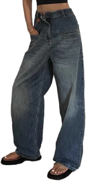 Daily Wear Casual High Waisted Jeans Women Wide Leg Harem Trousers Vintage Loose Pants Streetwear (Color : Dark Blue, Size : S-Small)