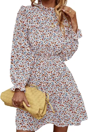 Daily Wear Floral Print Mini Dress Long Sleeve for Women Flowy Bohemian Ruffle Beach Short Dress (Color : Pink, Size : XL-XLarge)
