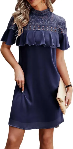 Daily Wear Short Sleeve Ruffle Dress for Women Lace Floral A-Line Mini Dress for Summer Party (Color : Blue, Size : S-Small)