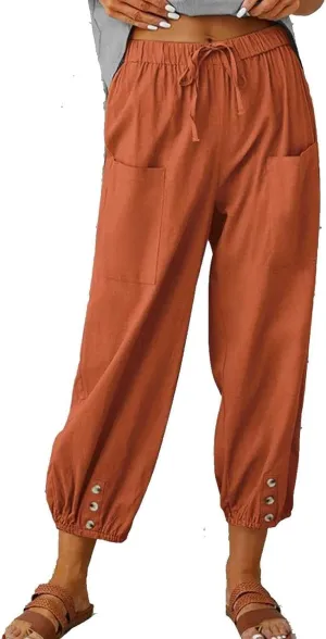 Daily Wear Women's Capri Yoga Pants Baggy Wide Leg Pants Loose Fit Plus Size Harem Pants with Pockets (Color : Red, Size : S-Small)