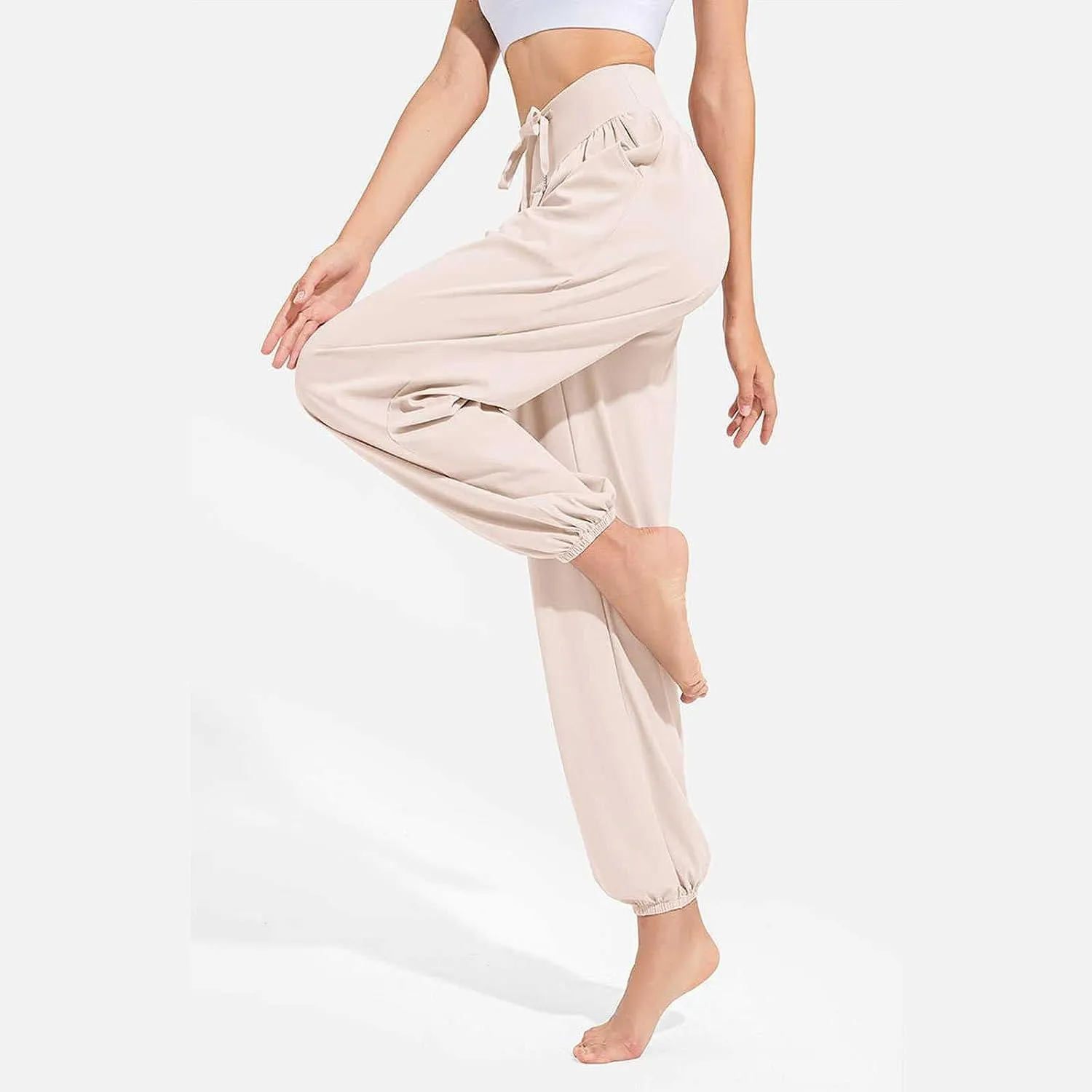 Daily Wear Women's Harem Pants, Fitted Yoga Workout Pants, High Waist Breathable Joggers Sweatpants (Color : Khaki, Size : S-Small)