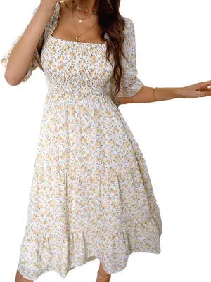 Daily Wear Women's Summer Maxi Dress Breathable Floral Short Sleeve Smocked Tiered Long Beach Sun Dresses (Color : Yellow, Size : L/Large)