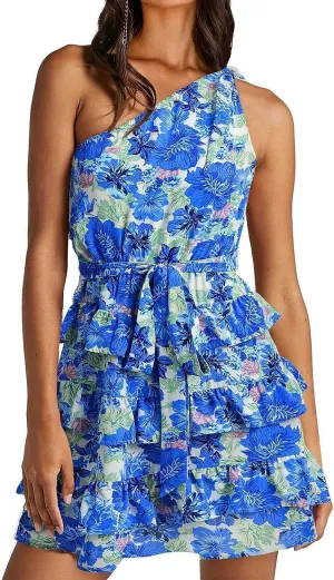 Daily Wear Women's Summer Sleeveless Short Dress Floral Print Ruffle A Line Boho Mini Beach Dresses (Color : Blue, Size : M-Medium)