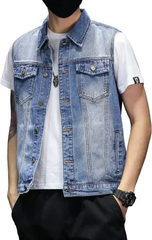 DAVID.ANN Mens Denim Vest Jacket Sleeveless Trucker Jean Jacket