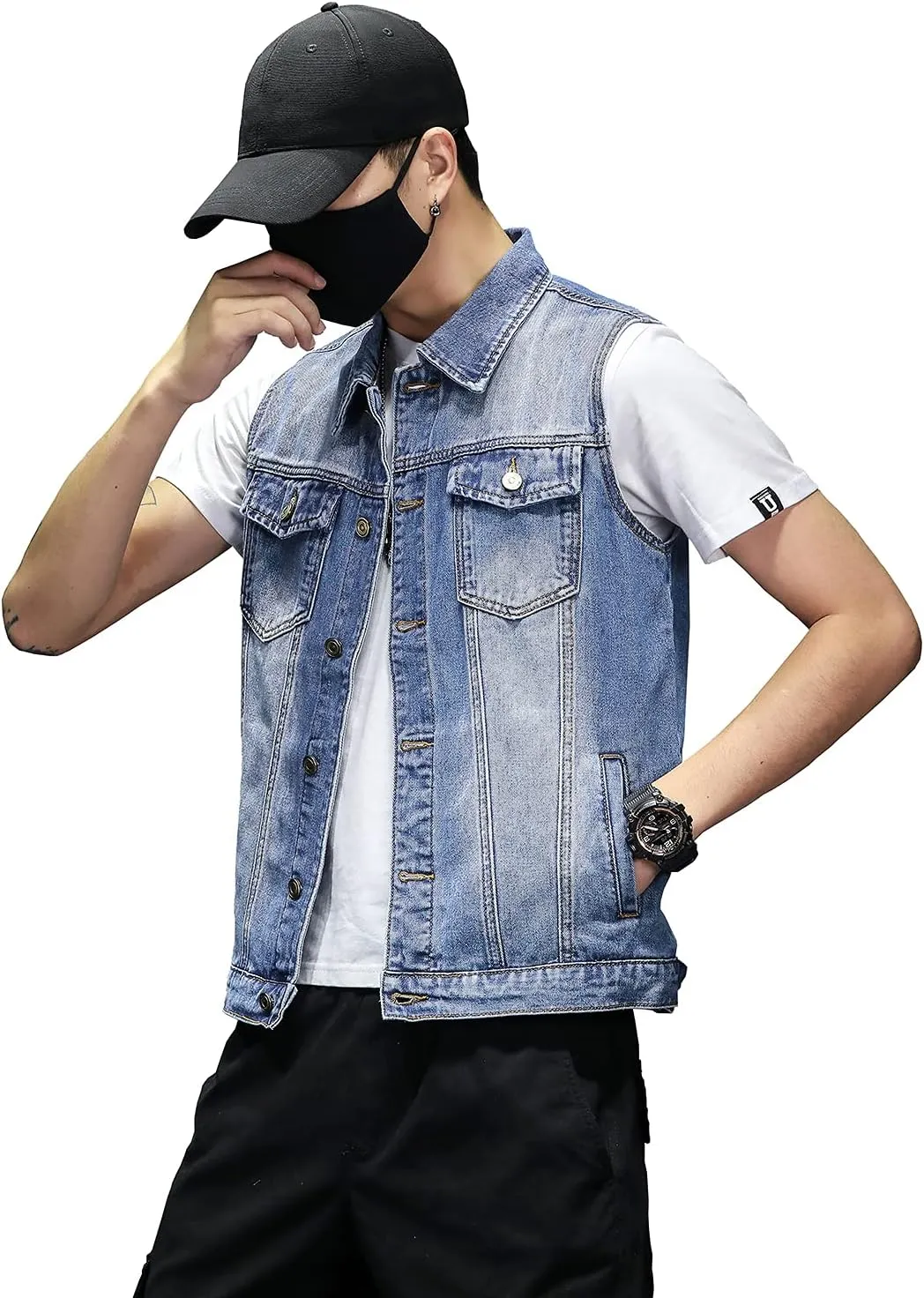 DAVID.ANN Mens Denim Vest Jacket Sleeveless Trucker Jean Jacket