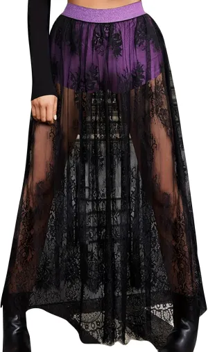DDAPJ pyju Sexy Skirt for Women Sheer Mesh Floral Lace Gothic Skirt High Waisted Maxi Skirt Beach Cover-ups Y2K Streetwear