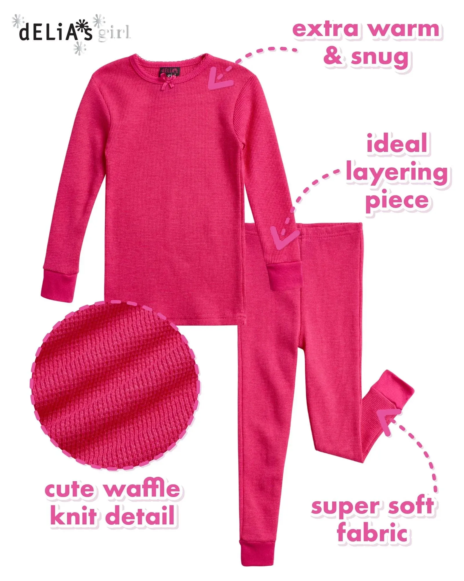 dELiAs Girls' Thermal Underwear - 6 Piece Waffle Knit Top and Long Johns (2T-16)