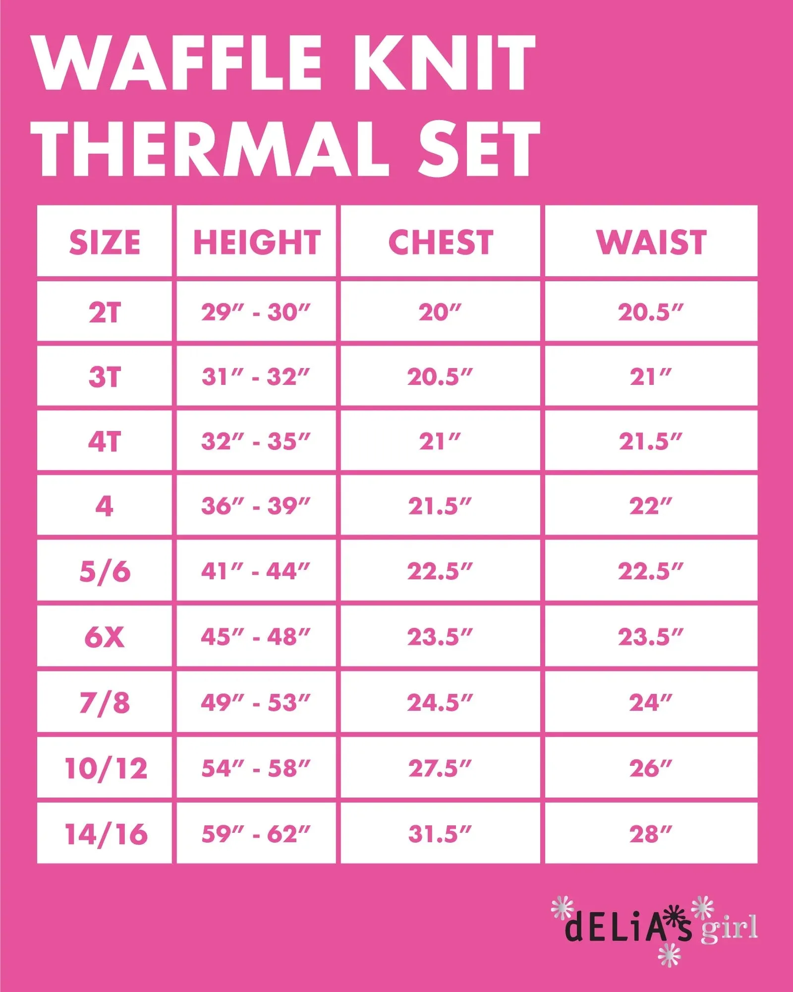 dELiAs Girls' Thermal Underwear - 6 Piece Waffle Knit Top and Long Johns (2T-16)