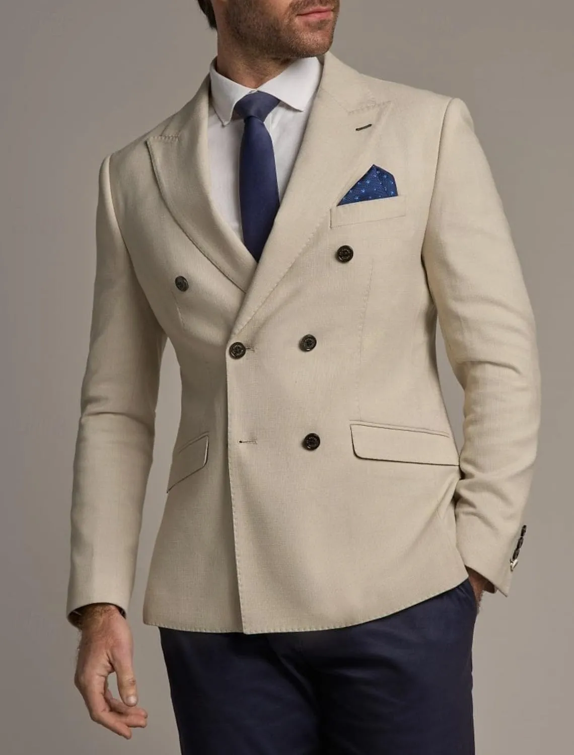 Double Breasted Men's Grey Solid Color Slim Fit Casual Blazer Jacket for Sport, Work, Office, Business, Daily Wear