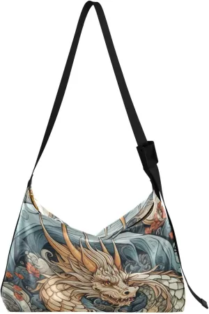 Dragon Pattern Shoulder Bag for Women Waterproof PU Leather Hobo Bags Crossbody Purse with Zipper Closure